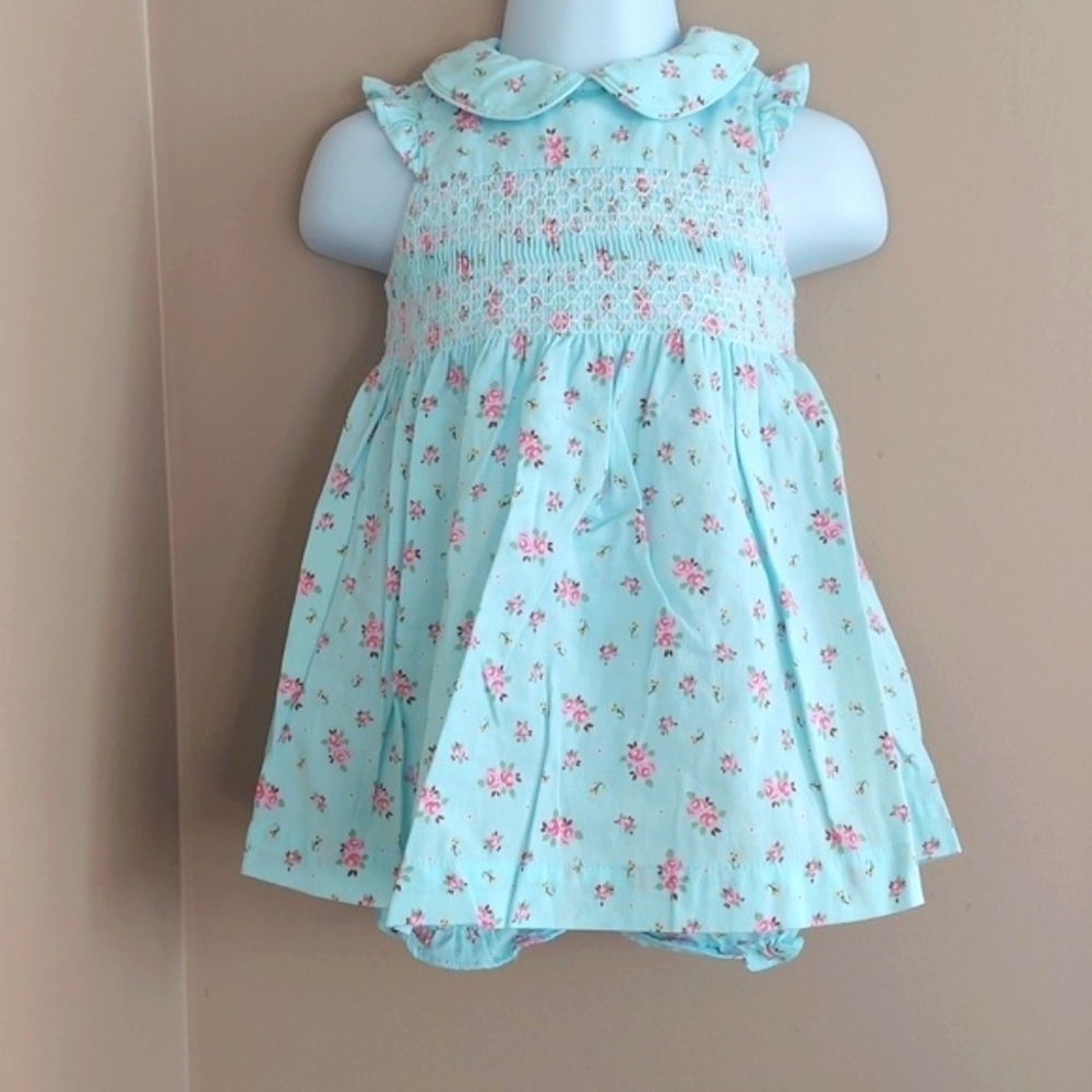 Laura Ashley Turquoise Blue Floral Smocked Tieback Dress with bloomers- sz 9 mos